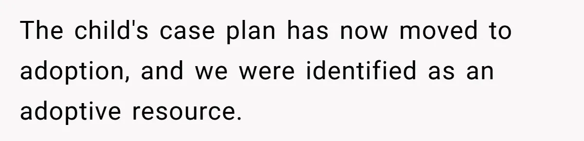 The child's case plan has now moved to adoption, and we were identified as an adoptive resource.