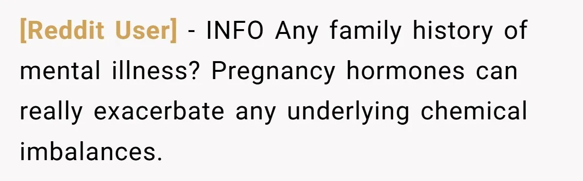 [Reddit User] − INFO Any family history of mental illness? Pregnancy hormones can really exacerbate any underlying chemical imbalances.