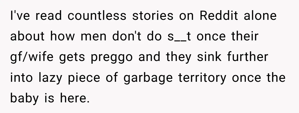 I've read countless stories on Reddit alone about how men don't do s__t once their gf/wife gets preggo and they sink further into lazy piece of garbage territory once the...