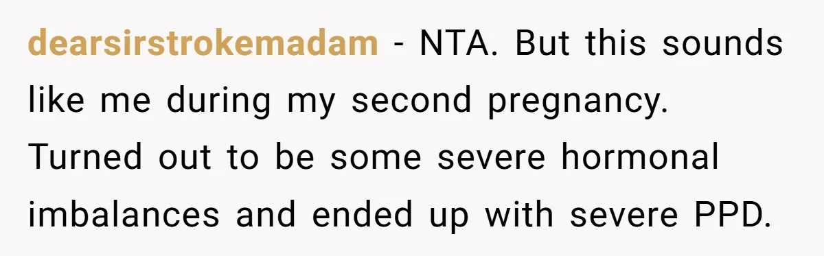 dearsirstrokemadam − NTA. But this sounds like me during my second pregnancy. Turned out to be some severe hormonal imbalances and ended up with severe PPD.
