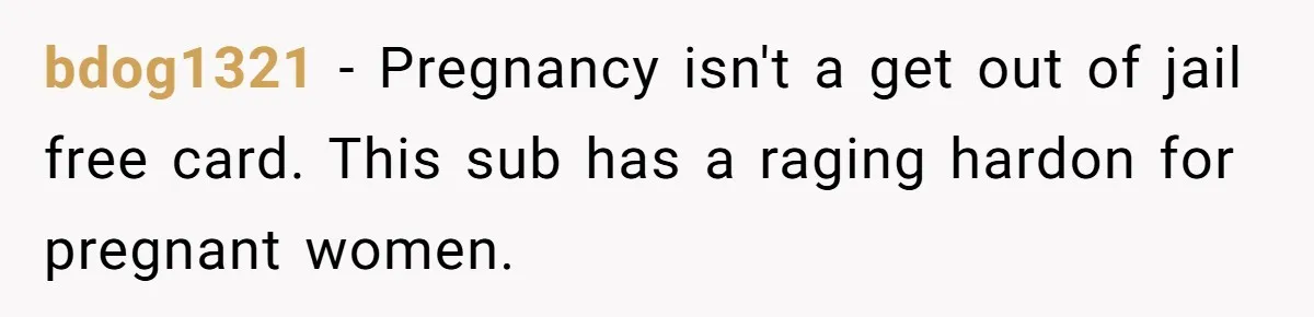 bdog1321 − Pregnancy isn't a get out of jail free card. This sub has a raging hardon for pregnant women.
