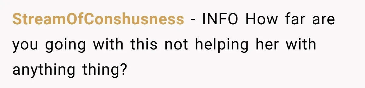 StreamOfConshusness − INFO How far are you going with this not helping her with anything thing?