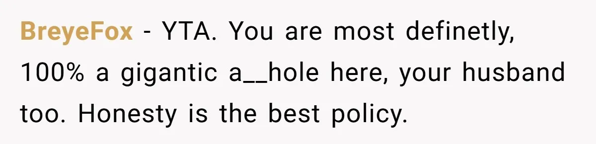 BreyeFox − YTA. You are most definetly, 100% a gigantic a__hole here, your husband too. Honesty is the best policy.