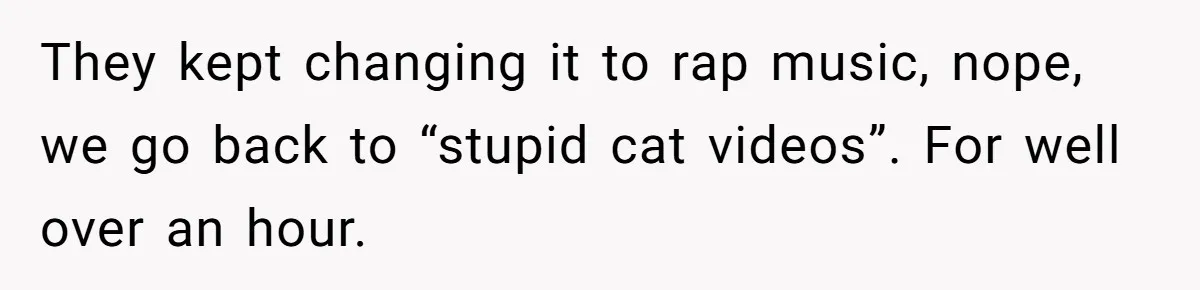 They kept changing it to rap music, nope, we go back to “stupid cat videos”. For well over an hour.