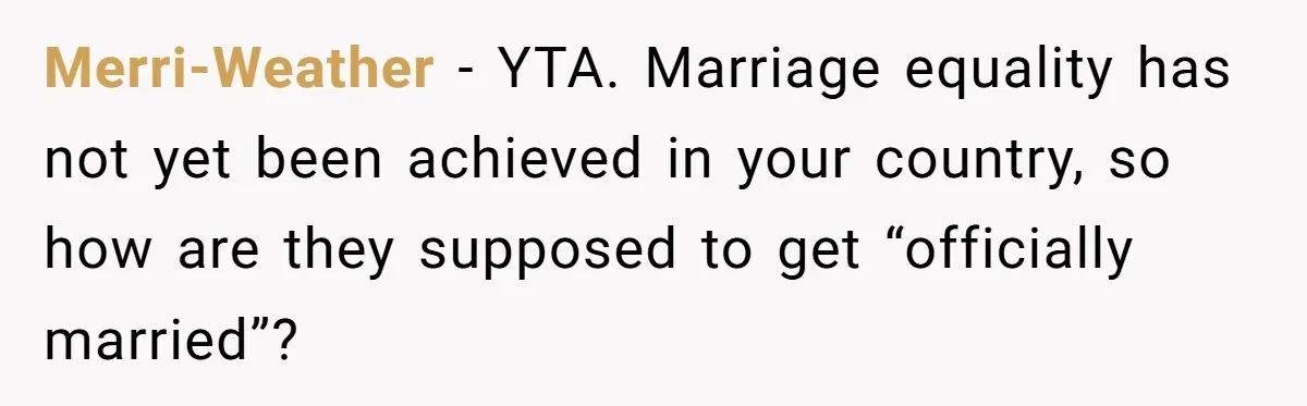 Merri-Weather − YTA. Marriage equality has not yet been achieved in your country, so how are they supposed to get “officially married”?
