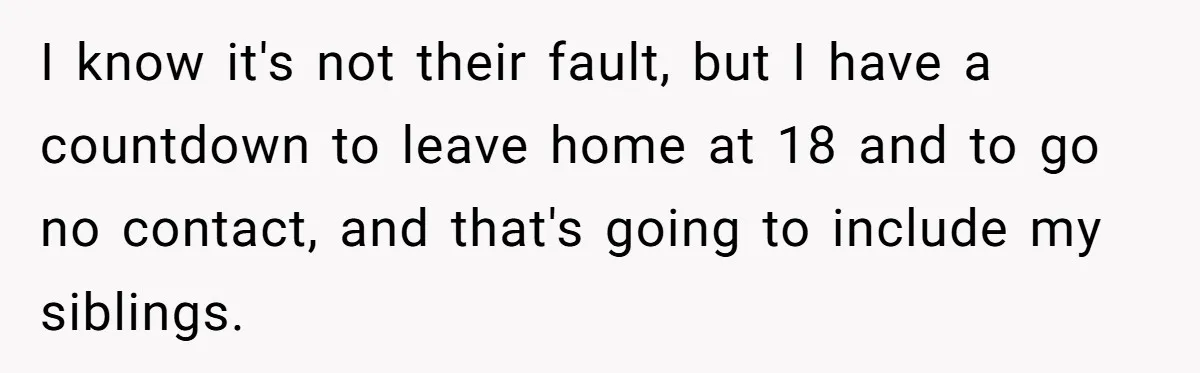 I know it's not their fault, but I have a countdown to leave home at 18 and to go no contact, and that's going to include my siblings.