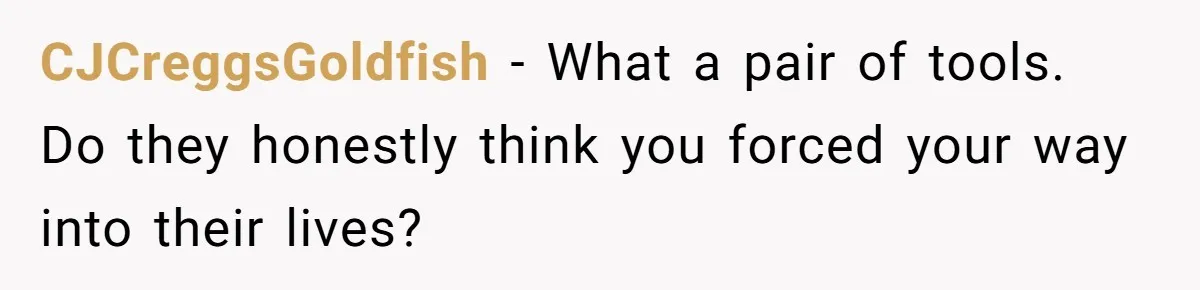CJCreggsGoldfish − What a pair of tools. Do they honestly think you forced your way into their lives?