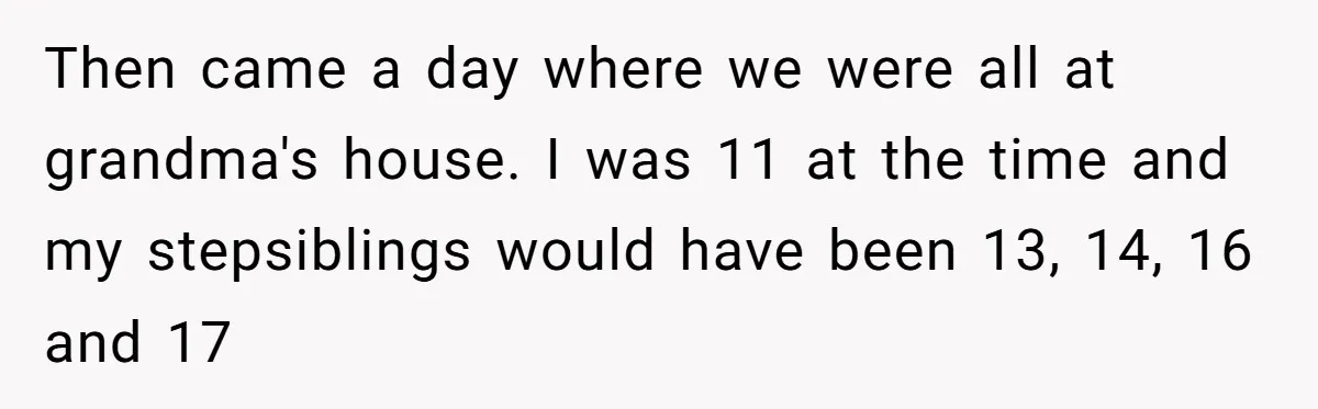Then came a day where we were all at grandma's house. I was 11 at the time and my stepsiblings would have been 13, 14, 16 and 17