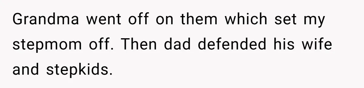 Grandma went off on them which set my stepmom off. Then dad defended his wife and stepkids.