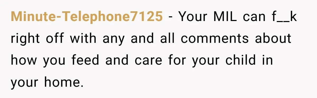 Minute-Telephone7125 − Your MIL can f__k right off with any and all comments about how you feed and care for your child in your home.
