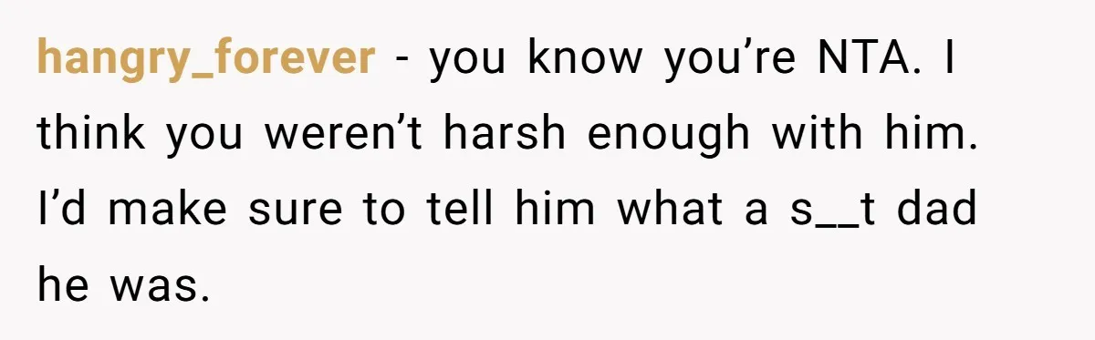 hangry_forever − you know you’re NTA. I think you weren’t harsh enough with him. I’d make sure to tell him what a s__t dad he was.