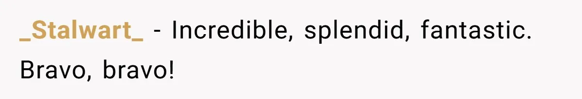 _Stalwart_ − Incredible, splendid, fantastic. Bravo, bravo!