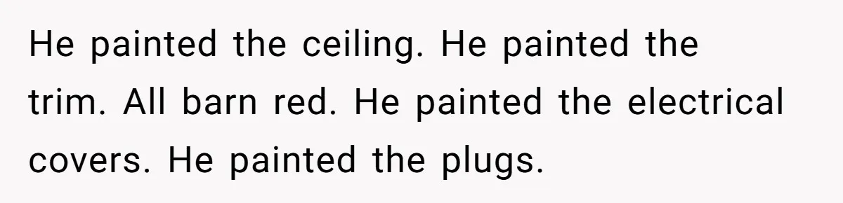 He painted the ceiling. He painted the trim. All barn red. He painted the electrical covers. He painted the plugs.