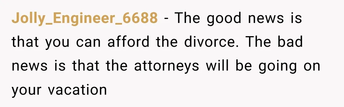 Jolly_Engineer_6688 − The good news is that you can afford the divorce. The bad news is that the attorneys will be going on your vacation
