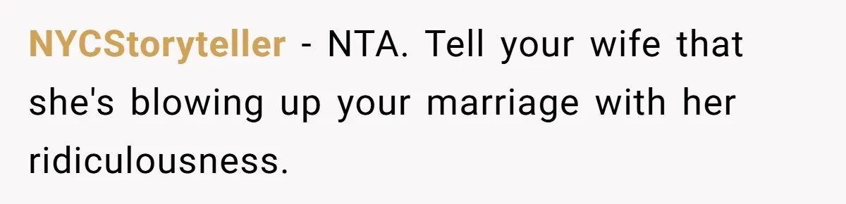 NYCStoryteller − NTA. Tell your wife that she's blowing up your marriage with her ridiculousness.