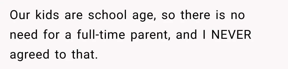 Our kids are school age, so there is no need for a full-time parent, and I NEVER agreed to that.