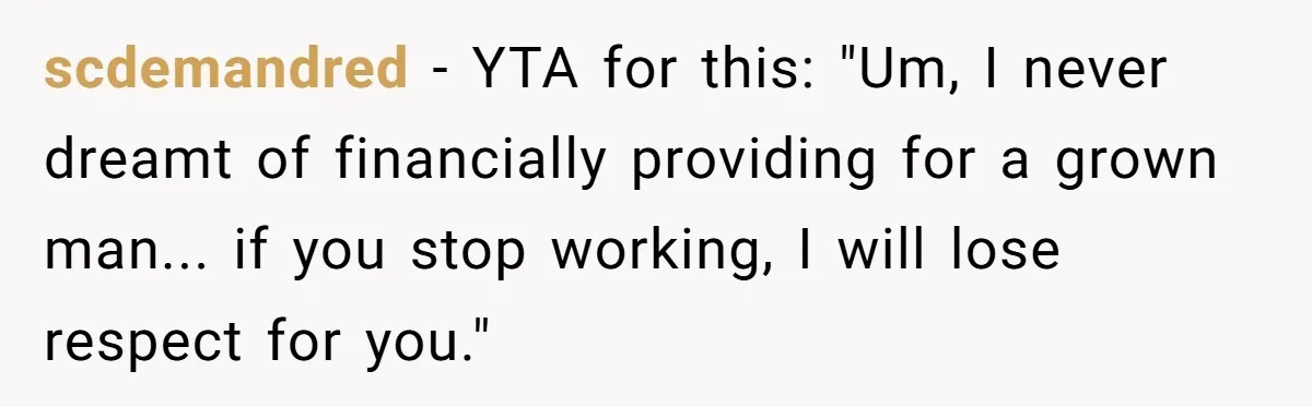 scdemandred − YTA for this: "Um, I never dreamt of financially providing for a grown man... if you stop working, I will lose respect for you."