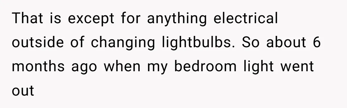That is except for anything electrical outside of changing lightbulbs. So about 6 months ago when my bedroom light went out