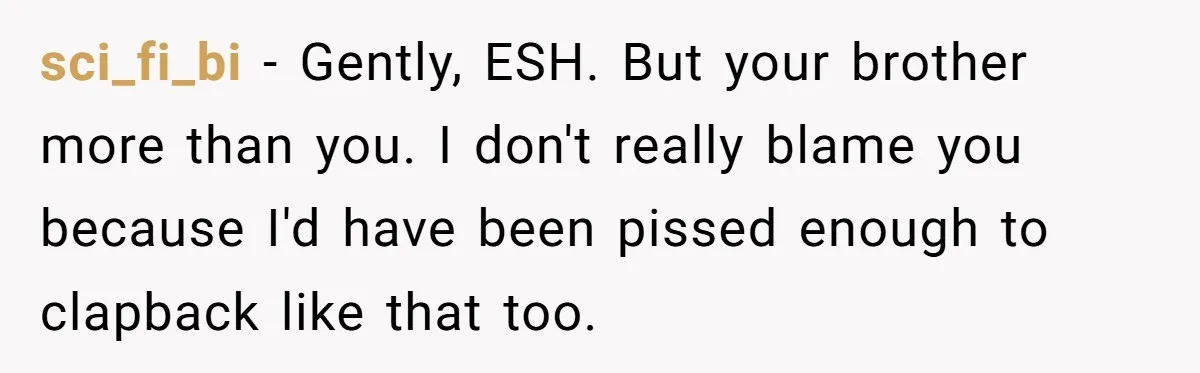 sci_fi_bi − Gently, ESH. But your brother more than you. I don't really blame you because I'd have been pissed enough to clapback like that too.