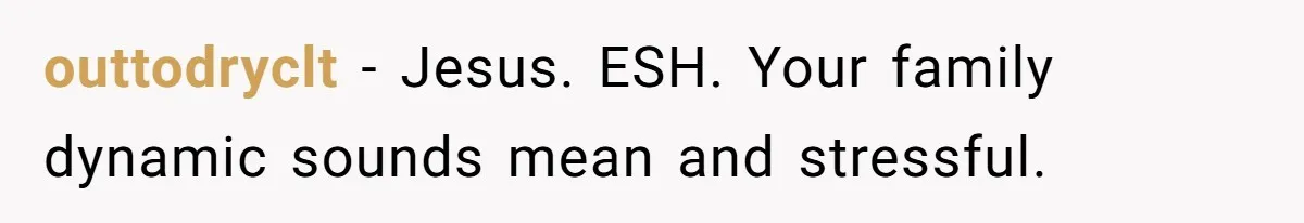 outtodryclt − Jesus. ESH. Your family dynamic sounds mean and stressful.