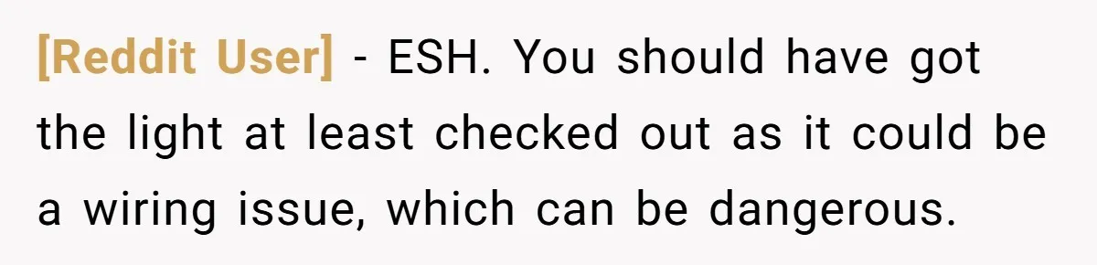 [Reddit User] − ESH. You should have got the light at least checked out as it could be a wiring issue, which can be dangerous.
