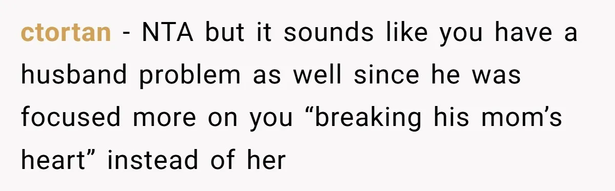 ctortan − NTA but it sounds like you have a husband problem as well since he was focused more on you “breaking his mom’s heart” instead of her