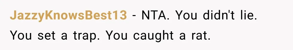 JazzyKnowsBest13 − NTA. You didn't lie. You set a trap. You caught a rat.