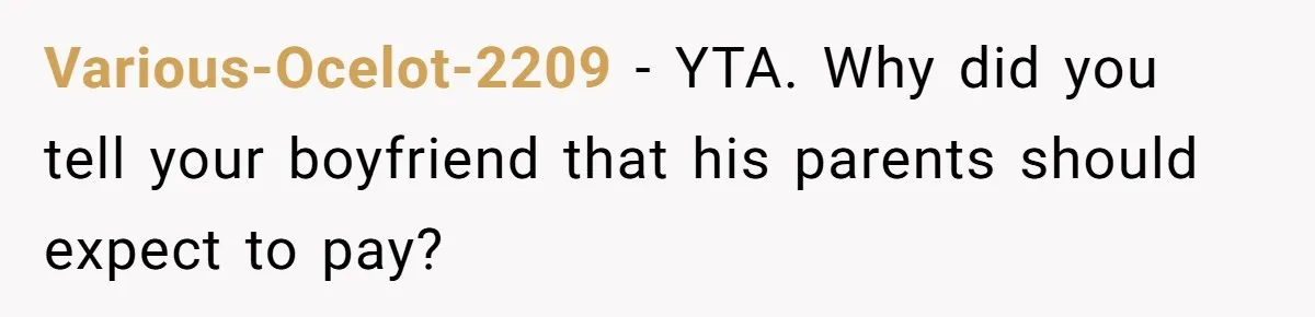 Various-Ocelot-2209 − YTA. Why did you tell your boyfriend that his parents should expect to pay?