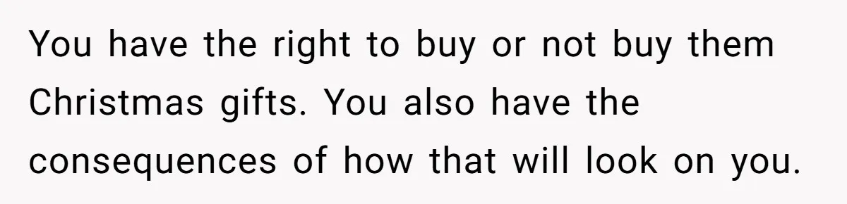 You have the right to buy or not buy them Christmas gifts. You also have the consequences of how that will look on you.