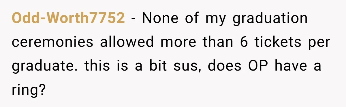 Odd-Worth7752 − None of my graduation ceremonies allowed more than 6 tickets per graduate. this is a bit sus, does OP have a ring?