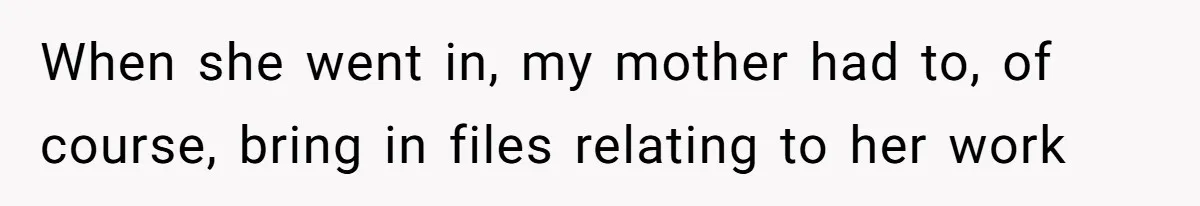 When she went in, my mother had to, of course, bring in files relating to her work