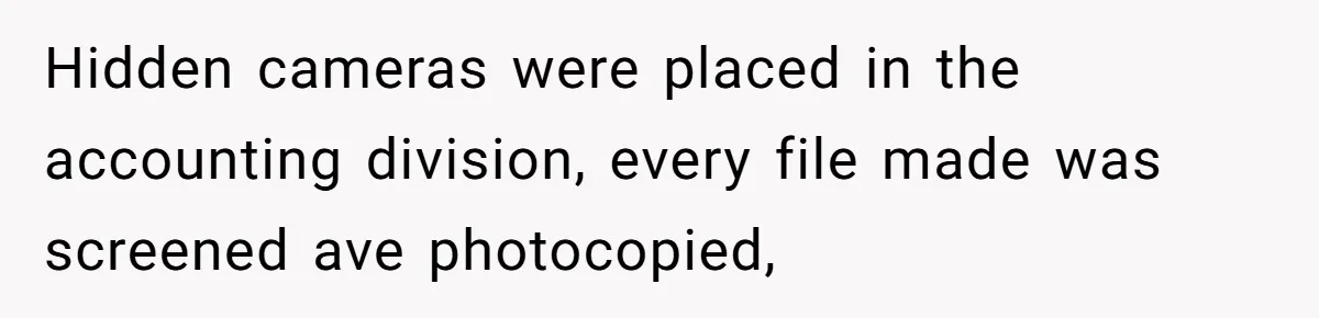 Hidden cameras were placed in the accounting division, every file made was screened ave photocopied,