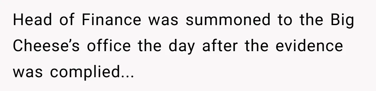 Head of Finance was summoned to the Big Cheese’s office the day after the evidence was complied...