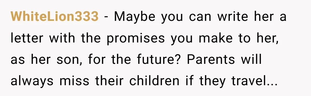 WhiteLion333 − Maybe you can write her a letter with the promises you make to her, as her son, for the future? Parents will always miss their children if they...