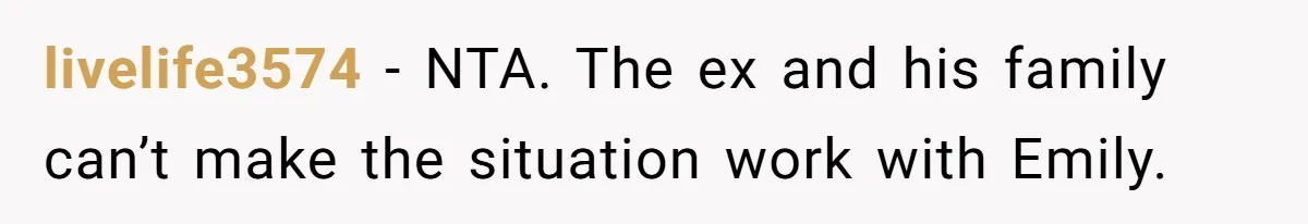 livelife3574 − NTA. The ex and his family can’t make the situation work with Emily.