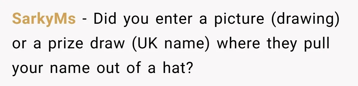 SarkyMs − Did you enter a picture (drawing) or a prize draw (UK name) where they pull your name out of a hat?