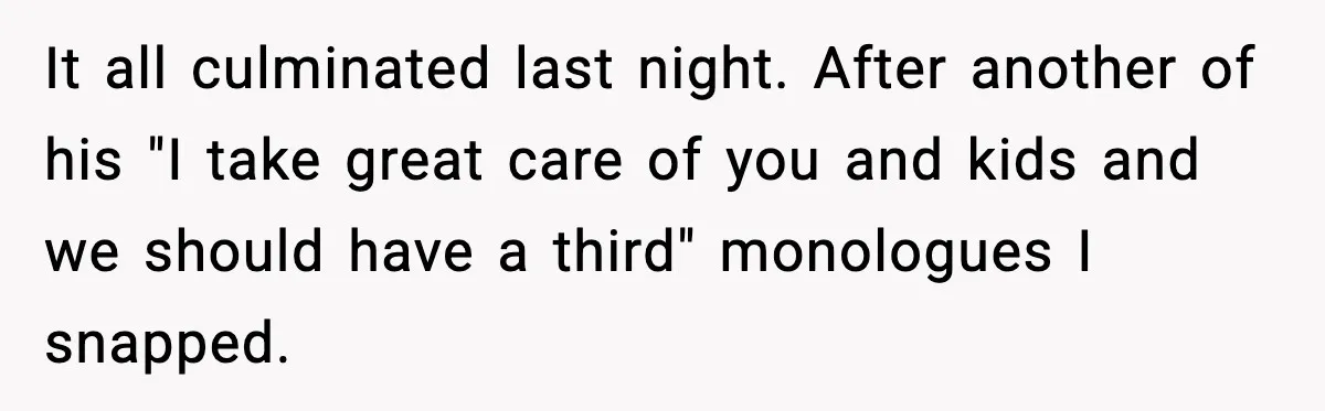 It all culminated last night. After another of his "I take great care of you and kids and we should have a third" monologues I snapped.