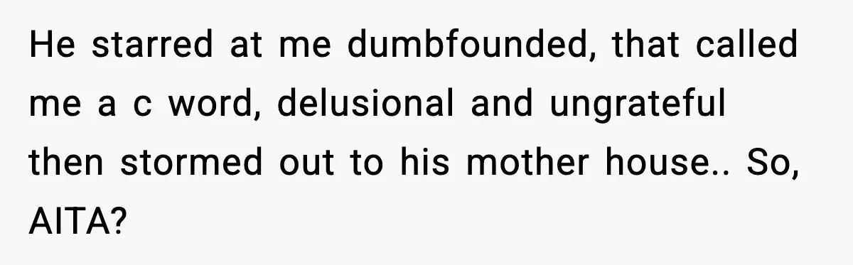 He starred at me dumbfounded, that called me a c word, delusional and ungrateful then stormed out to his mother house.. So, AITA?
