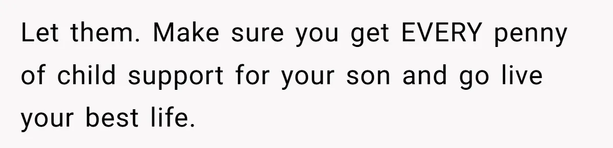Let them. Make sure you get EVERY penny of child support for your son and go live your best life.