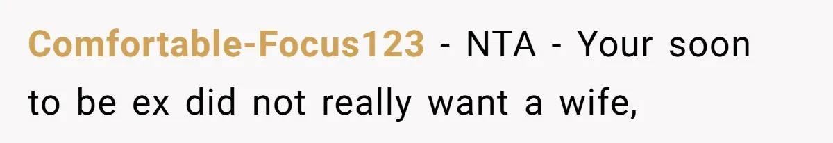 Comfortable-Focus123 − NTA - Your soon to be ex did not really want a wife,