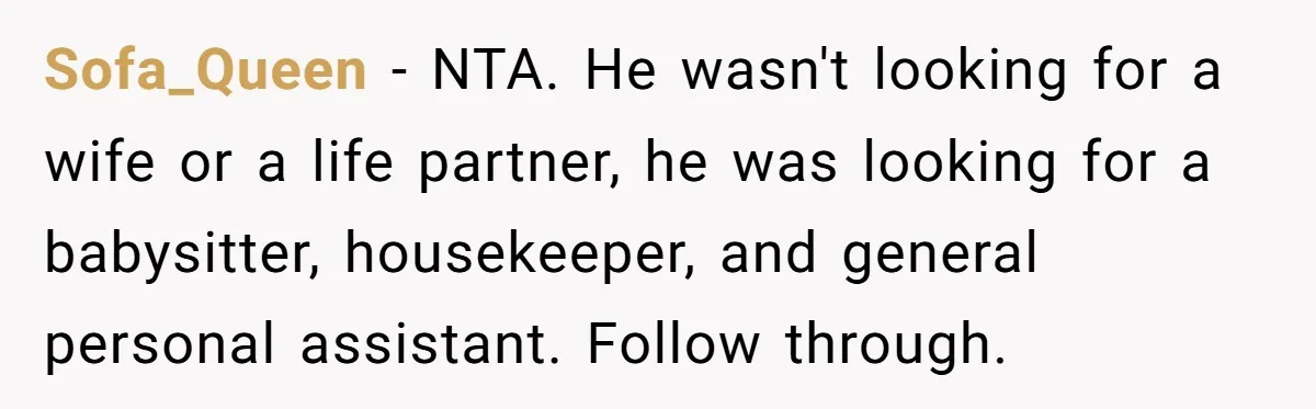 Sofa_Queen − NTA. He wasn't looking for a wife or a life partner, he was looking for a babysitter, housekeeper, and general personal assistant. Follow through.