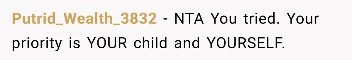Putrid_Wealth_3832 − NTA You tried. Your priority is YOUR child and YOURSELF.