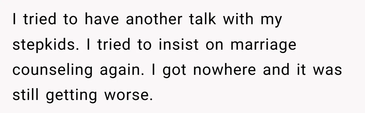 I tried to have another talk with my stepkids. I tried to insist on marriage counseling again. I got nowhere and it was still getting worse.