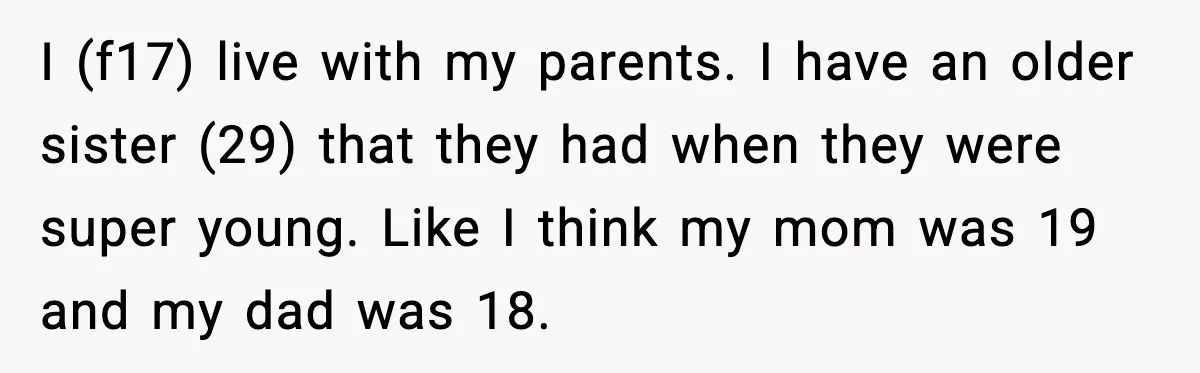 I (f17) live with my parents. I have an older sister (29) that they had when they were super young. Like I think my mom was 19 and my dad...