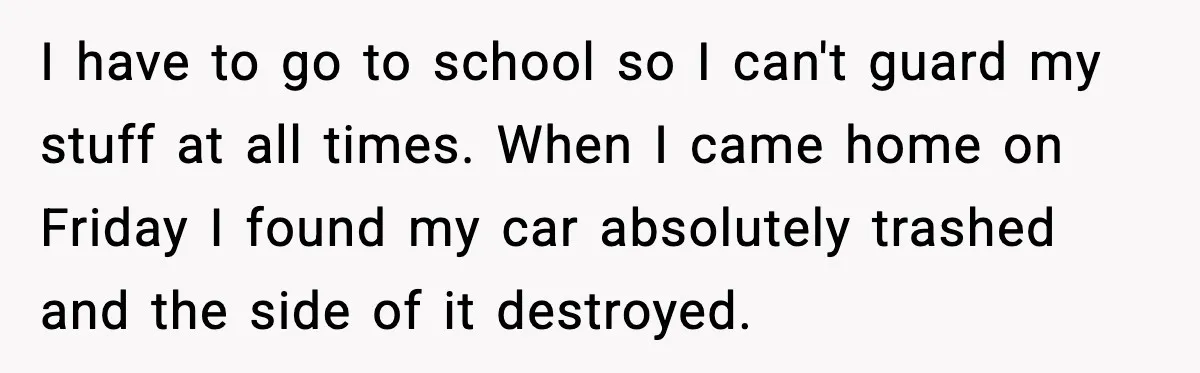 I have to go to school so I can't guard my stuff at all times. When I came home on Friday I found my car absolutely trashed and the side...
