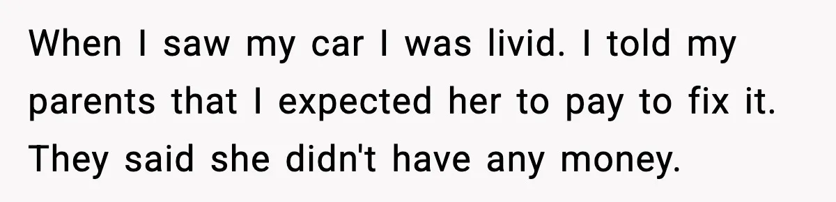 When I saw my car I was livid. I told my parents that I expected her to pay to fix it. They said she didn't have any money.