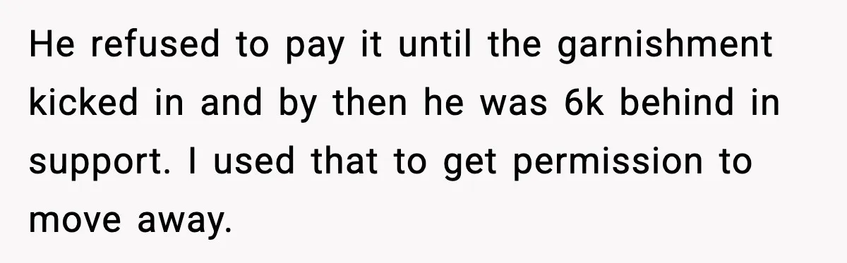 He refused to pay it until the garnishment kicked in and by then he was 6k behind in support. I used that to get permission to move away.