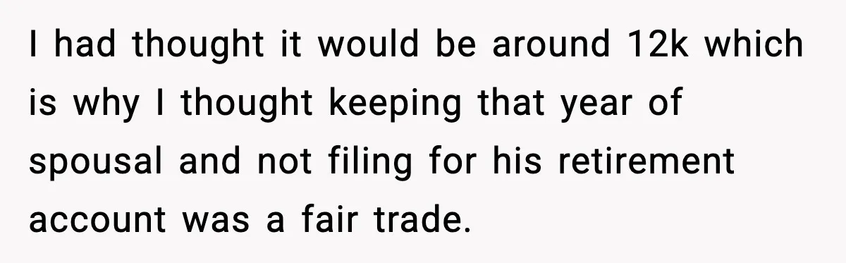 I had thought it would be around 12k which is why I thought keeping that year of spousal and not filing for his retirement account was a fair trade.