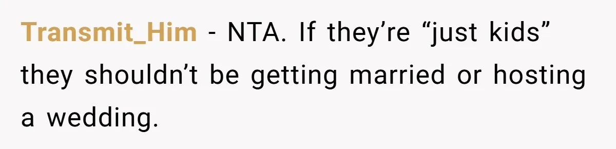 Transmit_Him − NTA. If they’re “just kids” they shouldn’t be getting married or hosting a wedding.