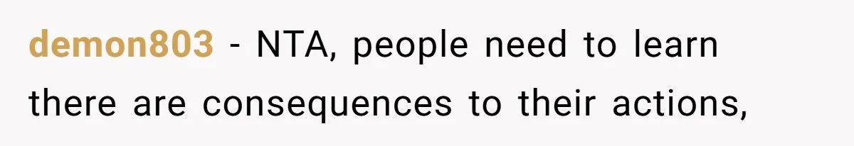 demon803 − NTA, people need to learn there are consequences to their actions,